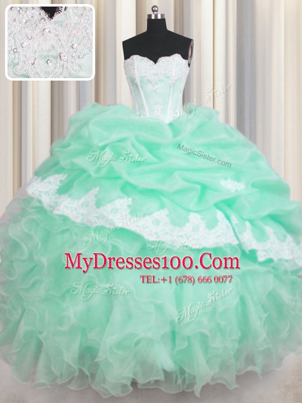 Pick Ups Sweetheart Sleeveless Lace Up Sweet 16 Quinceanera Dress Apple Green Organza