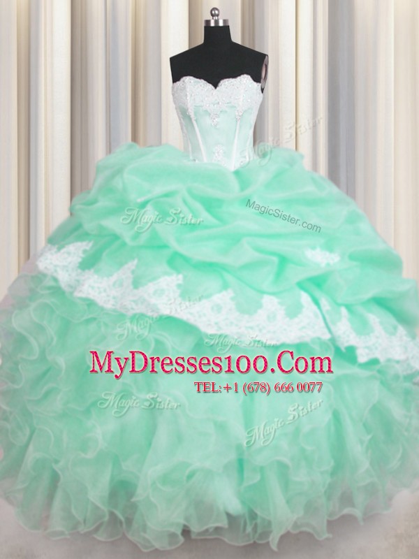 Pick Ups Sweetheart Sleeveless Lace Up Sweet 16 Quinceanera Dress Apple Green Organza