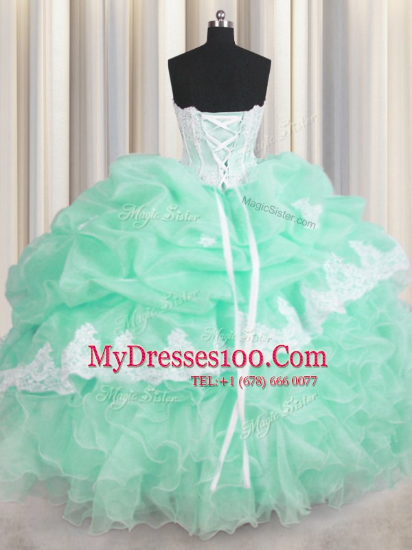 Pick Ups Sweetheart Sleeveless Lace Up Sweet 16 Quinceanera Dress Apple Green Organza