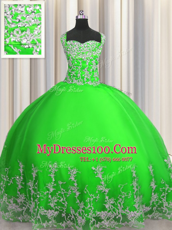 Fashionable Sleeveless Floor Length Beading and Appliques Lace Up Sweet 16 Dress with Green