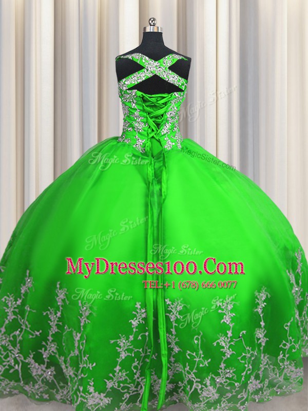 Fashionable Sleeveless Floor Length Beading and Appliques Lace Up Sweet 16 Dress with Green
