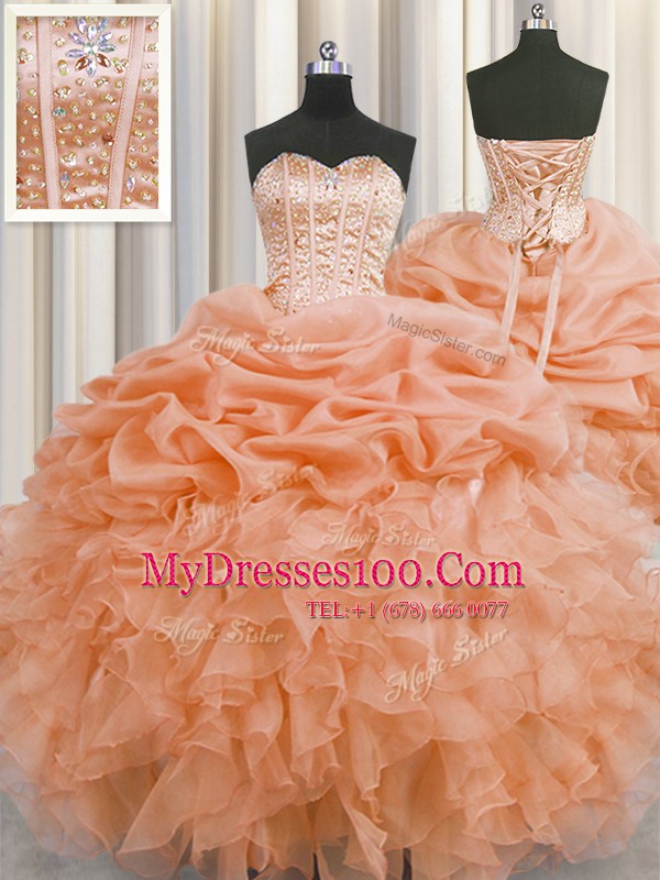 Visible Boning Orange Ball Gowns Organza Sweetheart Sleeveless Beading and Ruffles and Pick Ups Floor Length Lace Up Quinceanera Dresses