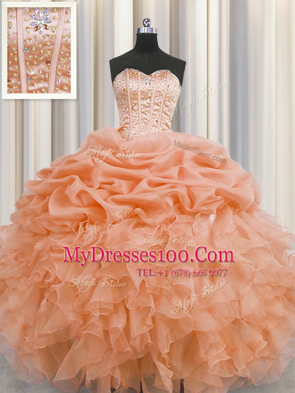 Visible Boning Orange Ball Gowns Organza Sweetheart Sleeveless Beading and Ruffles and Pick Ups Floor Length Lace Up Quinceanera Dresses