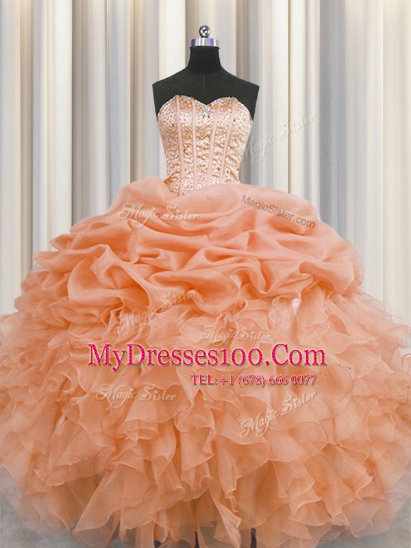 Visible Boning Orange Ball Gowns Organza Sweetheart Sleeveless Beading and Ruffles and Pick Ups Floor Length Lace Up Quinceanera Dresses