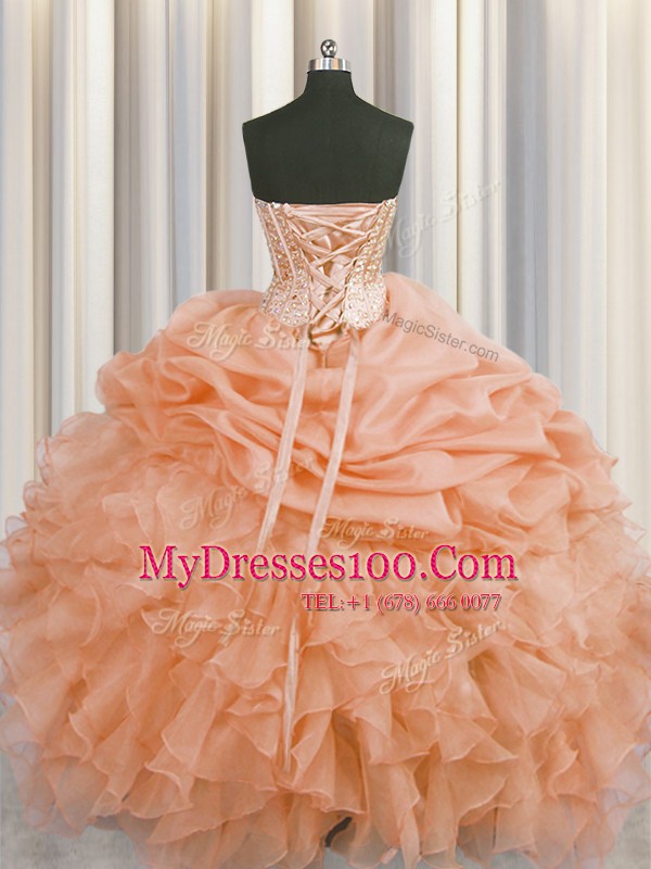 Visible Boning Orange Ball Gowns Organza Sweetheart Sleeveless Beading and Ruffles and Pick Ups Floor Length Lace Up Quinceanera Dresses