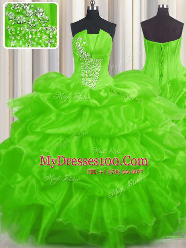 Organza Lace Up Sweet 16 Quinceanera Dress Sleeveless Floor Length Beading and Ruffled Layers and Pick Ups