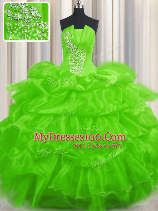 Organza Lace Up Sweet 16 Quinceanera Dress Sleeveless Floor Length Beading and Ruffled Layers and Pick Ups