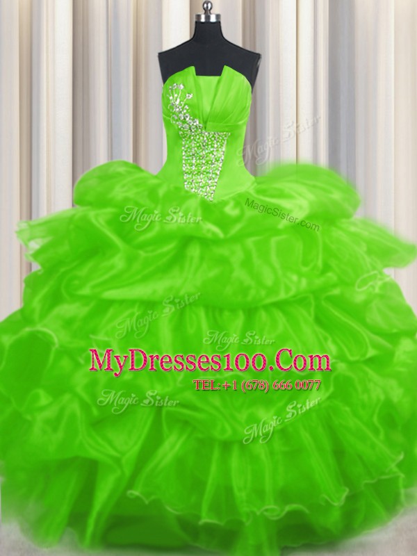 Organza Lace Up Sweet 16 Quinceanera Dress Sleeveless Floor Length Beading and Ruffled Layers and Pick Ups