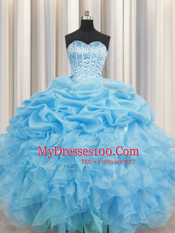 Lovely Visible Boning Floor Length Baby Blue 15th Birthday Dress Organza Sleeveless Beading and Ruffles and Pick Ups