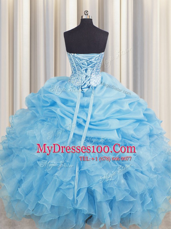 Lovely Visible Boning Floor Length Baby Blue 15th Birthday Dress Organza Sleeveless Beading and Ruffles and Pick Ups