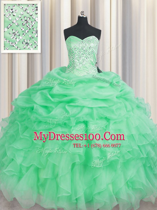 Fantastic Sweetheart Sleeveless Lace Up Sweet 16 Dress Apple Green Organza