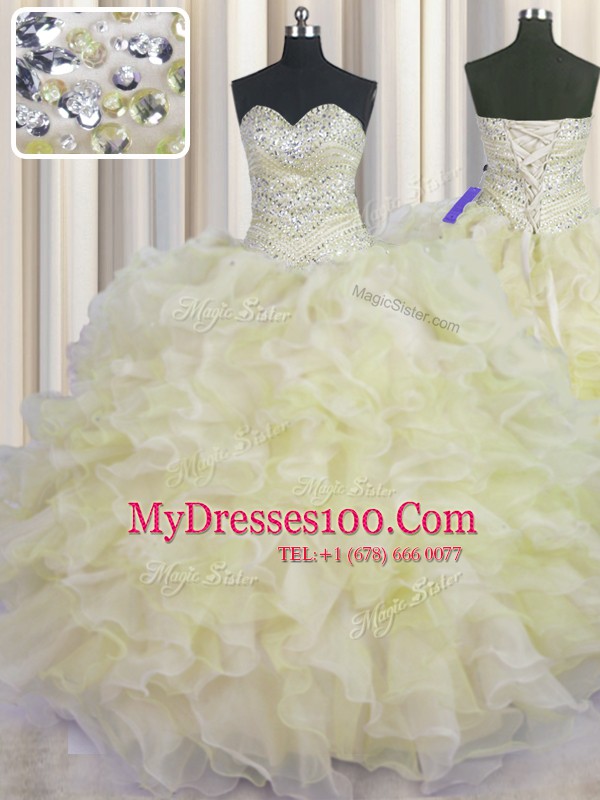 Ball Gowns Quince Ball Gowns Light Yellow Sweetheart Organza Sleeveless Floor Length Lace Up