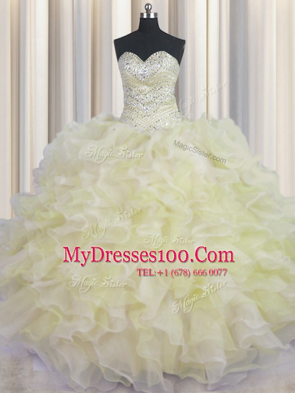Ball Gowns Quince Ball Gowns Light Yellow Sweetheart Organza Sleeveless Floor Length Lace Up