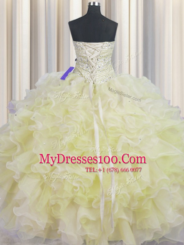 Ball Gowns Quince Ball Gowns Light Yellow Sweetheart Organza Sleeveless Floor Length Lace Up