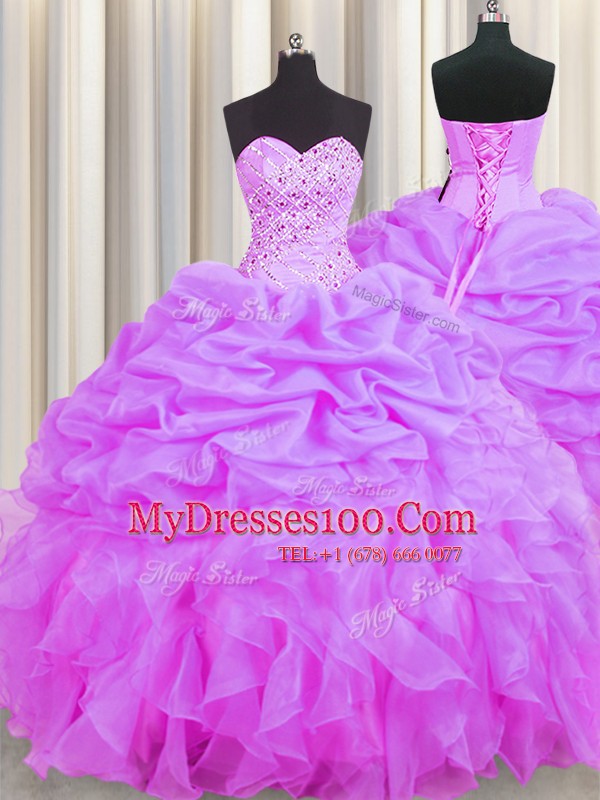 Beauteous Sleeveless Lace Up Floor Length Beading and Ruffles and Pick Ups Ball Gown Prom Dress