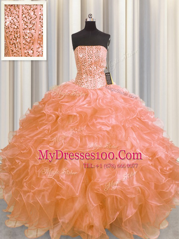 Glamorous Visible Boning Floor Length Orange Quince Ball Gowns Organza Sleeveless Beading and Ruffles
