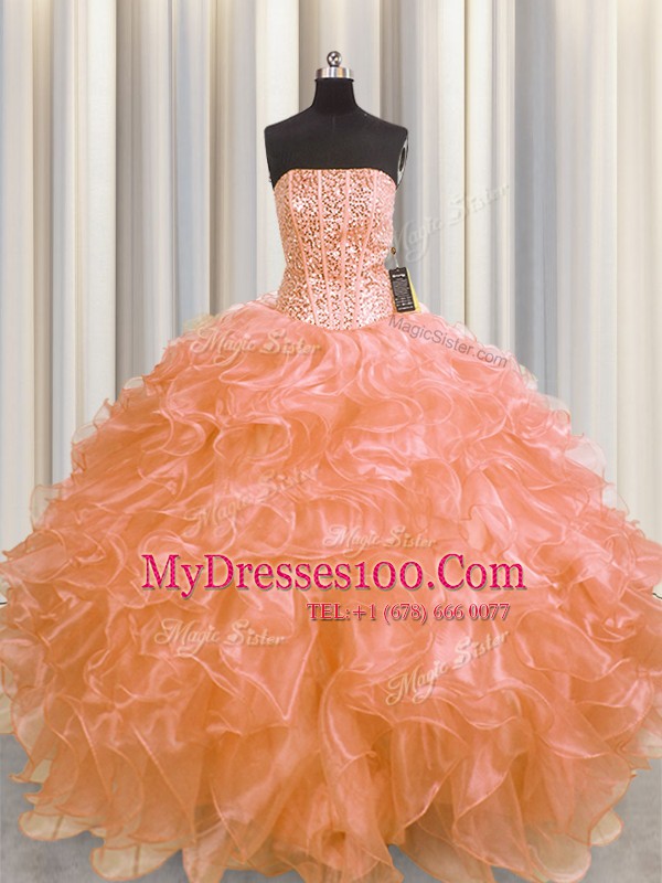 Glamorous Visible Boning Floor Length Orange Quince Ball Gowns Organza Sleeveless Beading and Ruffles