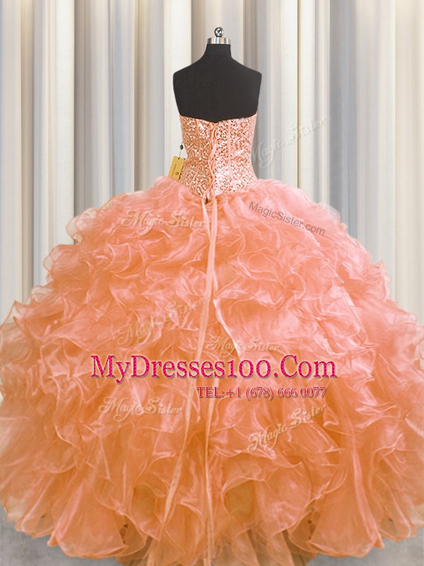 Glamorous Visible Boning Floor Length Orange Quince Ball Gowns Organza Sleeveless Beading and Ruffles