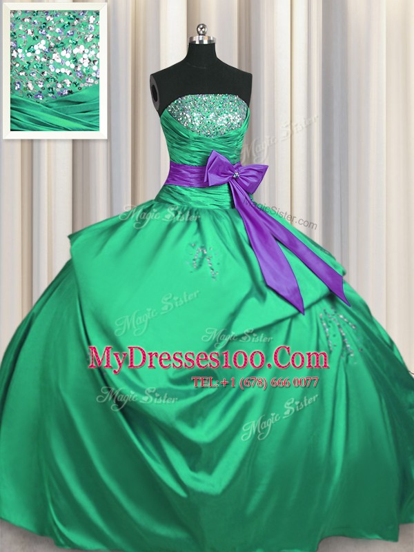 Best Selling Satin Strapless Sleeveless Lace Up Beading and Pick Ups and Bowknot Quince Ball Gowns in Green