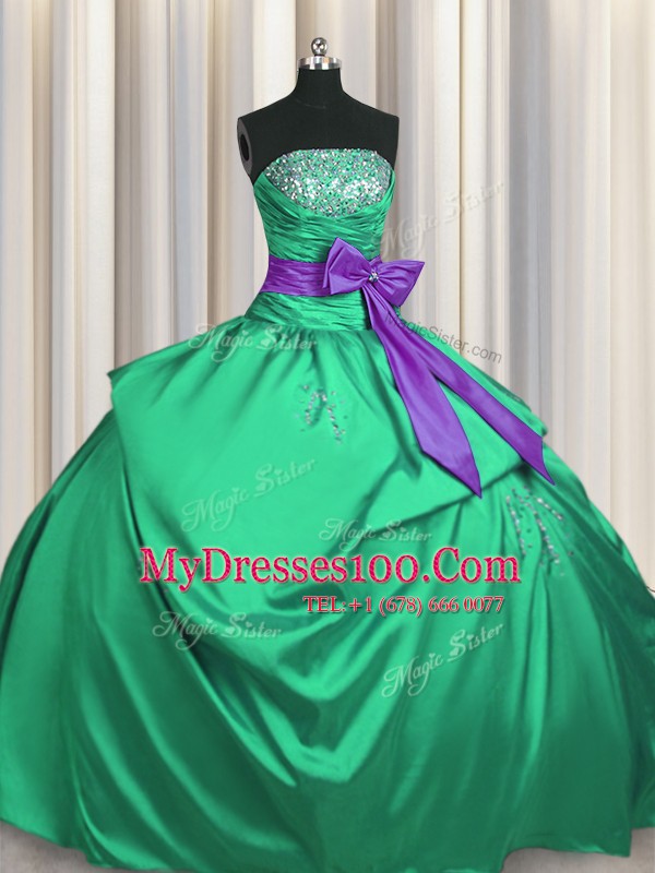 Best Selling Satin Strapless Sleeveless Lace Up Beading and Pick Ups and Bowknot Quince Ball Gowns in Green