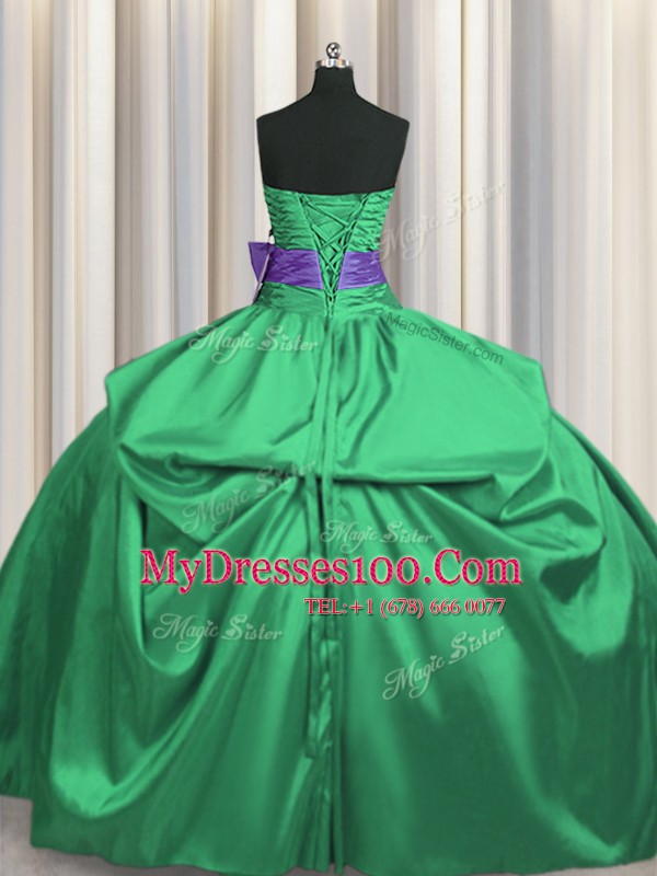 Best Selling Satin Strapless Sleeveless Lace Up Beading and Pick Ups and Bowknot Quince Ball Gowns in Green