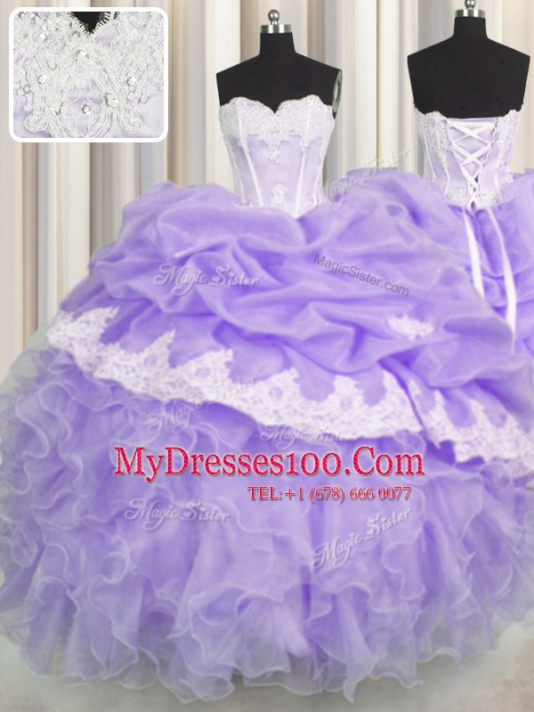 Pick Ups Lavender Sleeveless Organza Lace Up Quince Ball Gowns for Military Ball and Sweet 16 and Quinceanera