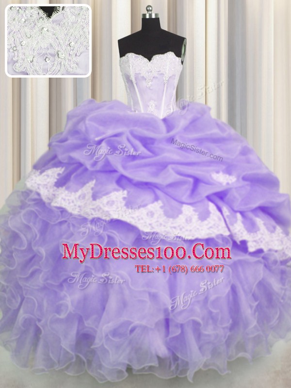 Pick Ups Lavender Sleeveless Organza Lace Up Quince Ball Gowns for Military Ball and Sweet 16 and Quinceanera