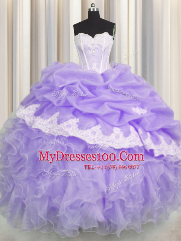 Pick Ups Lavender Sleeveless Organza Lace Up Quince Ball Gowns for Military Ball and Sweet 16 and Quinceanera