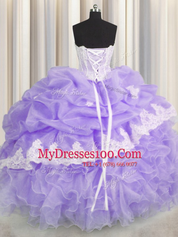 Pick Ups Lavender Sleeveless Organza Lace Up Quince Ball Gowns for Military Ball and Sweet 16 and Quinceanera