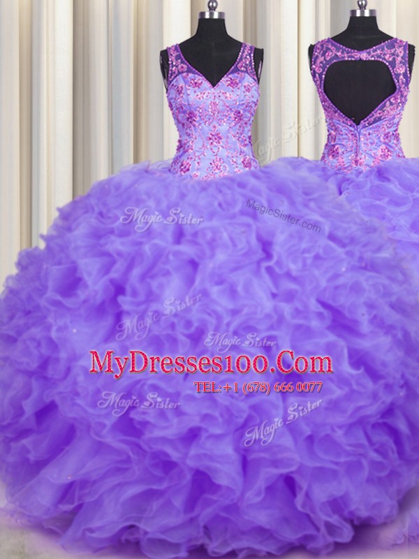 Ball Gowns Quinceanera Dresses Lavender V-neck Organza Sleeveless Floor Length Backless