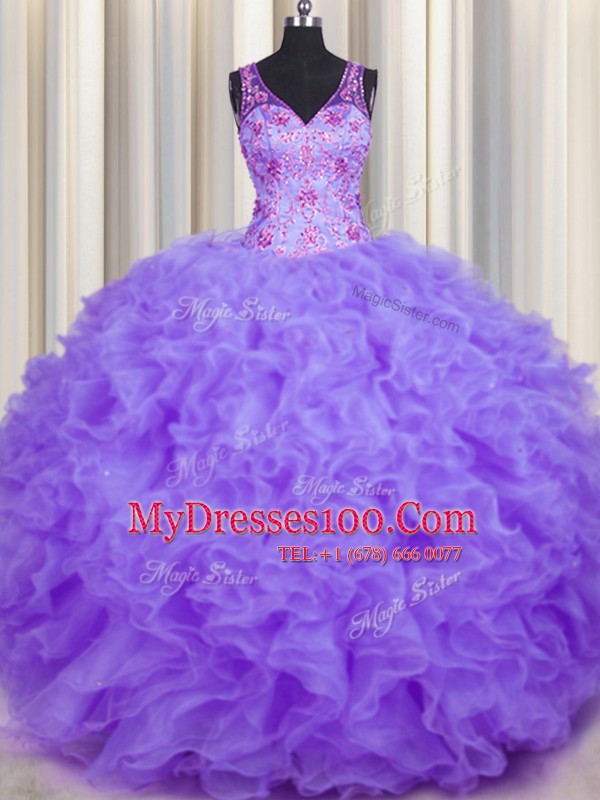 Ball Gowns Quinceanera Dresses Lavender V-neck Organza Sleeveless Floor Length Backless