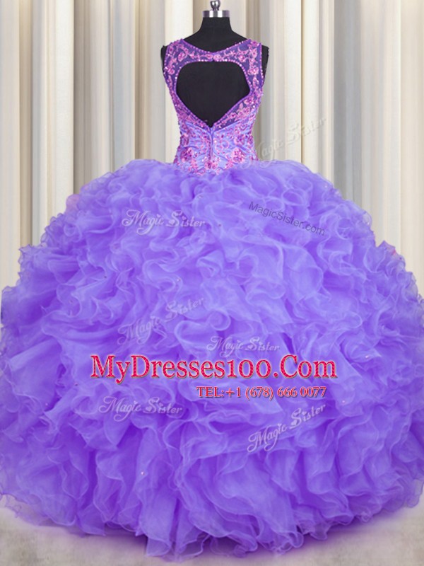 Ball Gowns Quinceanera Dresses Lavender V-neck Organza Sleeveless Floor Length Backless
