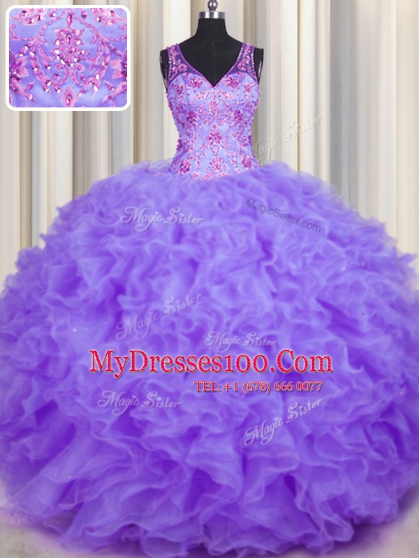 Ball Gowns Quinceanera Dresses Lavender V-neck Organza Sleeveless Floor Length Backless