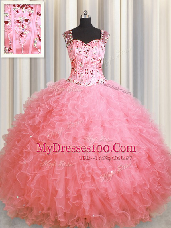 See Through Zipper Up Square Sleeveless Sweet 16 Dress Floor Length Beading and Ruffles Pink Organza