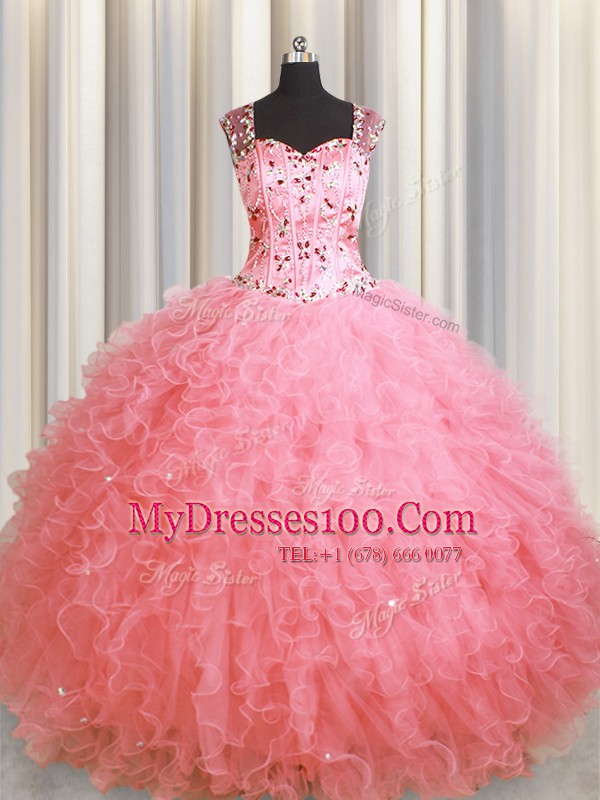 See Through Zipper Up Square Sleeveless Sweet 16 Dress Floor Length Beading and Ruffles Pink Organza