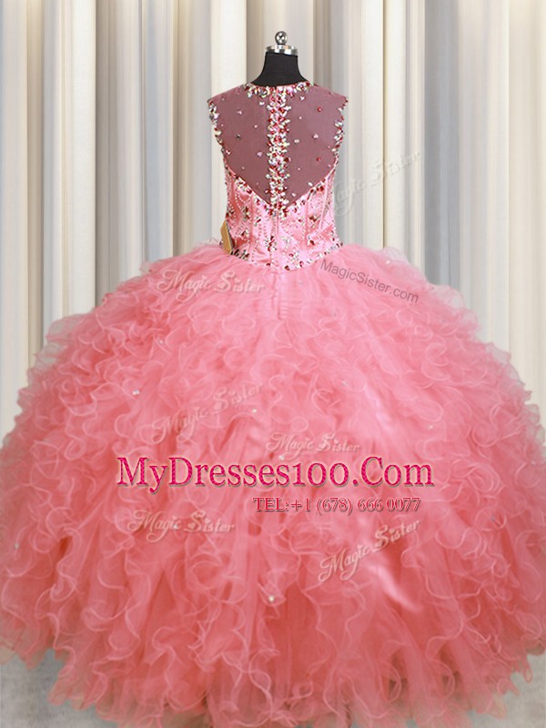 See Through Zipper Up Square Sleeveless Sweet 16 Dress Floor Length Beading and Ruffles Pink Organza