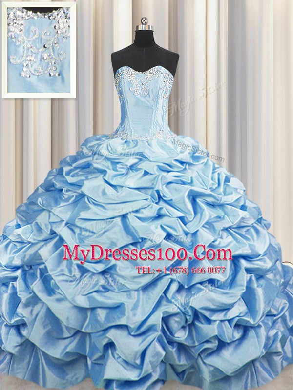 Wonderful Brush Train Sleeveless Taffeta Sweep Train Lace Up Sweet 16 Quinceanera Dress in Baby Blue with Beading and Pick Ups