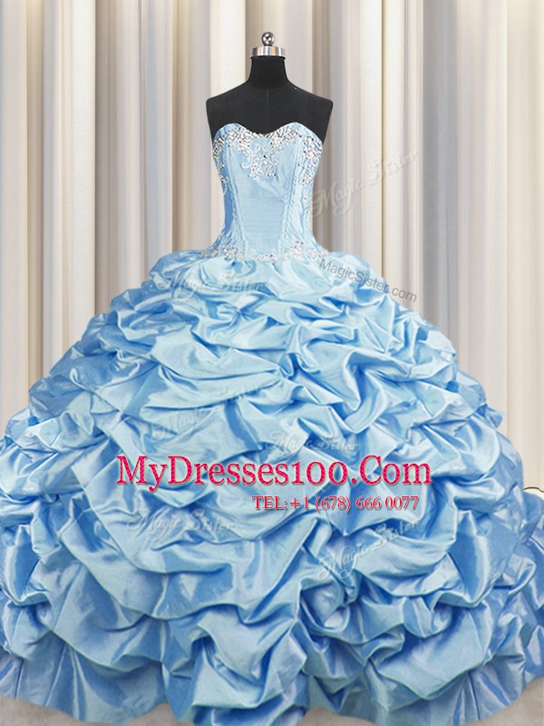 Wonderful Brush Train Sleeveless Taffeta Sweep Train Lace Up Sweet 16 Quinceanera Dress in Baby Blue with Beading and Pick Ups