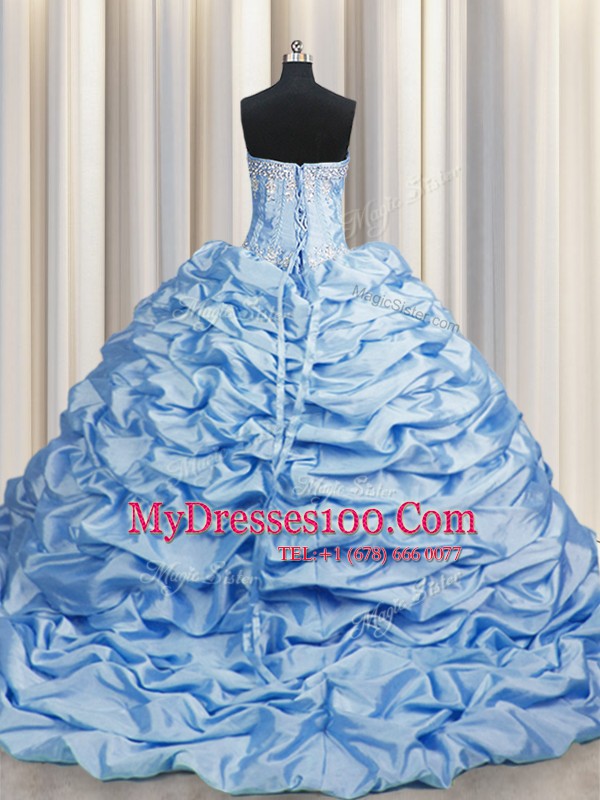 Wonderful Brush Train Sleeveless Taffeta Sweep Train Lace Up Sweet 16 Quinceanera Dress in Baby Blue with Beading and Pick Ups