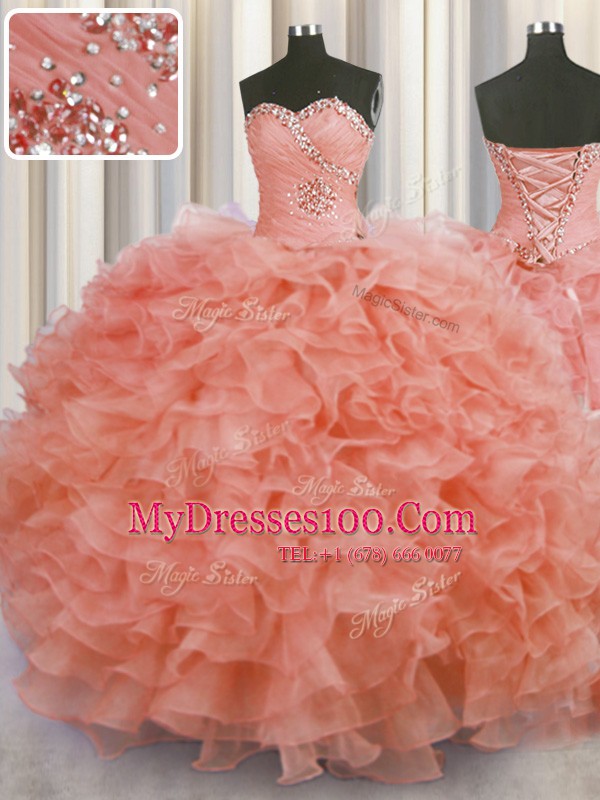 Customized Watermelon Red Lace Up Sweetheart Beading and Ruffles Quinceanera Dress Organza Sleeveless