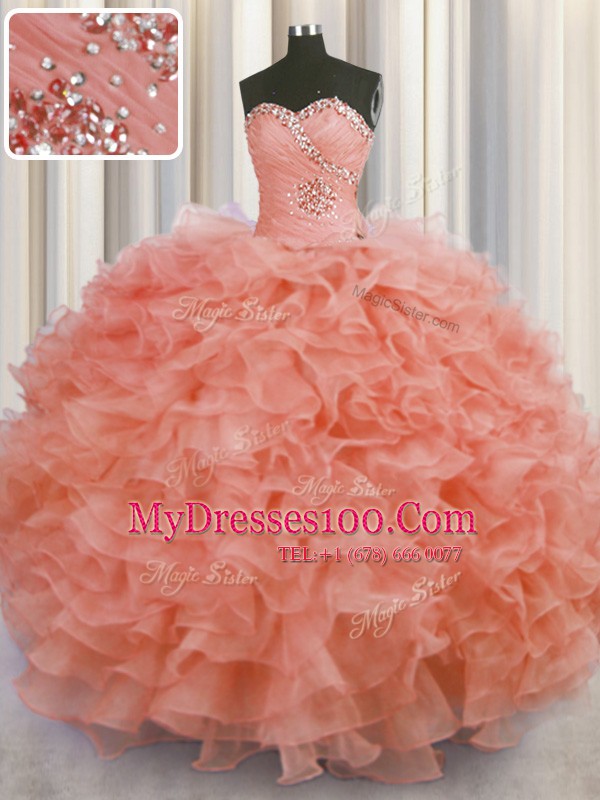 Customized Watermelon Red Lace Up Sweetheart Beading and Ruffles Quinceanera Dress Organza Sleeveless