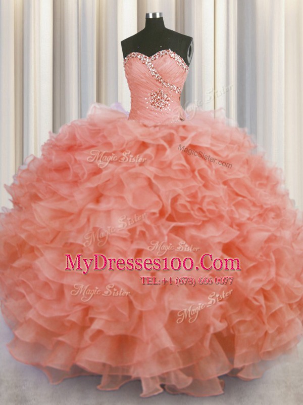 Customized Watermelon Red Lace Up Sweetheart Beading and Ruffles Quinceanera Dress Organza Sleeveless