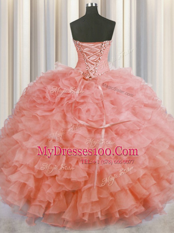 Customized Watermelon Red Lace Up Sweetheart Beading and Ruffles Quinceanera Dress Organza Sleeveless