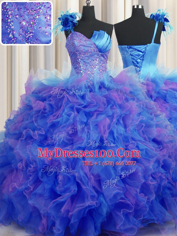 Suitable Handcrafted Flower Multi-color One Shoulder Neckline Beading and Ruffles and Hand Made Flower Ball Gown Prom Dress Sleeveless Lace Up