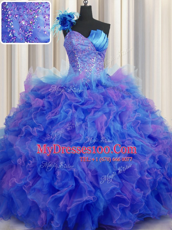 Suitable Handcrafted Flower Multi-color One Shoulder Neckline Beading and Ruffles and Hand Made Flower Ball Gown Prom Dress Sleeveless Lace Up