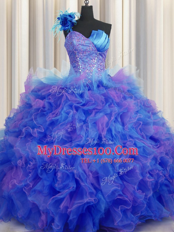 Suitable Handcrafted Flower Multi-color One Shoulder Neckline Beading and Ruffles and Hand Made Flower Ball Gown Prom Dress Sleeveless Lace Up
