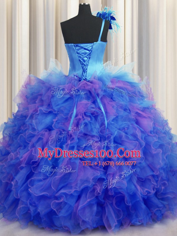 Suitable Handcrafted Flower Multi-color One Shoulder Neckline Beading and Ruffles and Hand Made Flower Ball Gown Prom Dress Sleeveless Lace Up