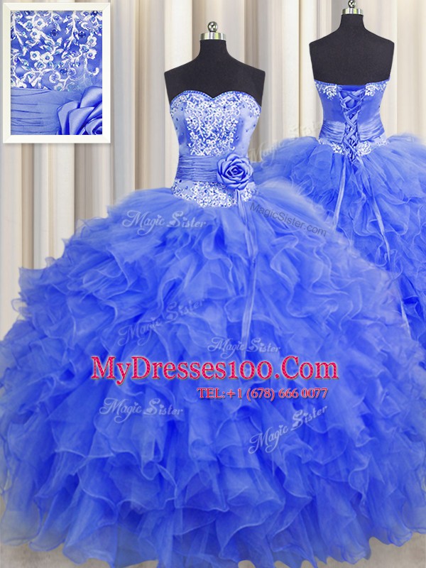 Handcrafted Flower Sweetheart Sleeveless Organza Sweet 16 Quinceanera Dress Beading and Ruffles and Hand Made Flower Lace Up