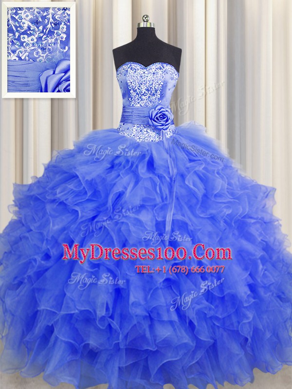 Handcrafted Flower Sweetheart Sleeveless Organza Sweet 16 Quinceanera Dress Beading and Ruffles and Hand Made Flower Lace Up