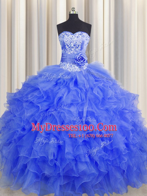Handcrafted Flower Sweetheart Sleeveless Organza Sweet 16 Quinceanera Dress Beading and Ruffles and Hand Made Flower Lace Up